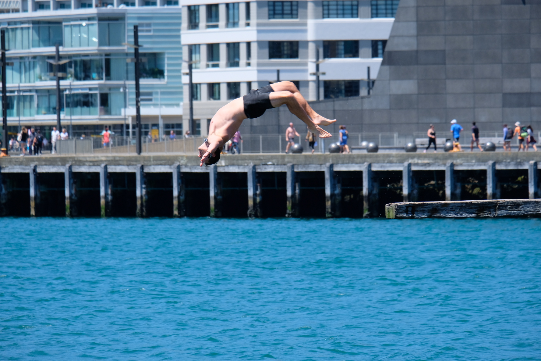 A man does a backflip into Wellington harbour